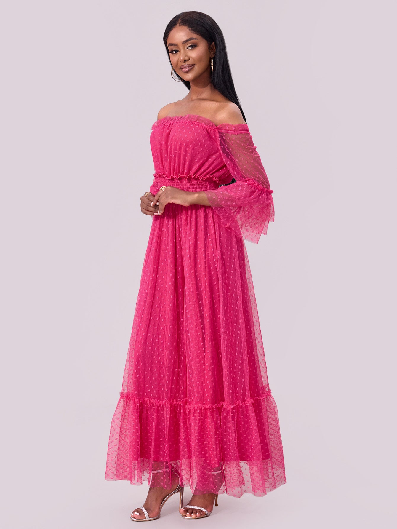 Women's off shoulder mesh long sleeve wedding dress 4