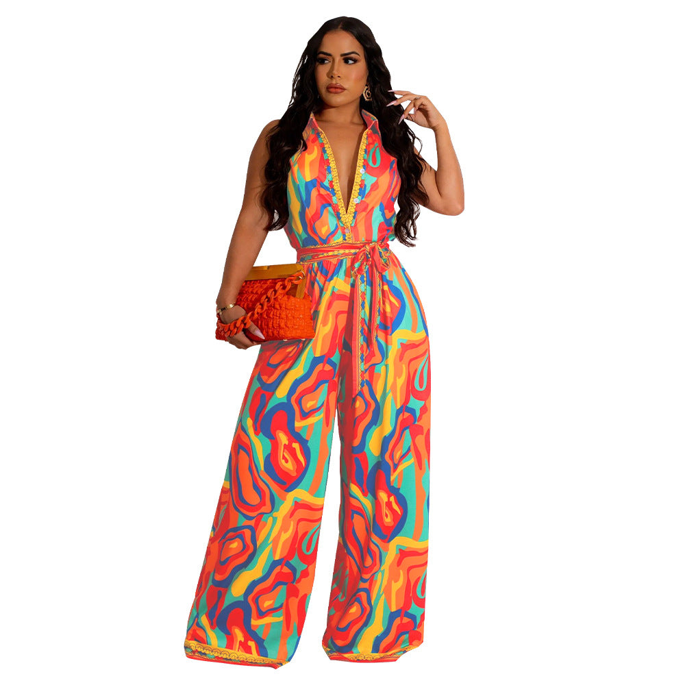 Women's Summer Print Sleeveless V Neck Wide Leg Jumpsuit 14