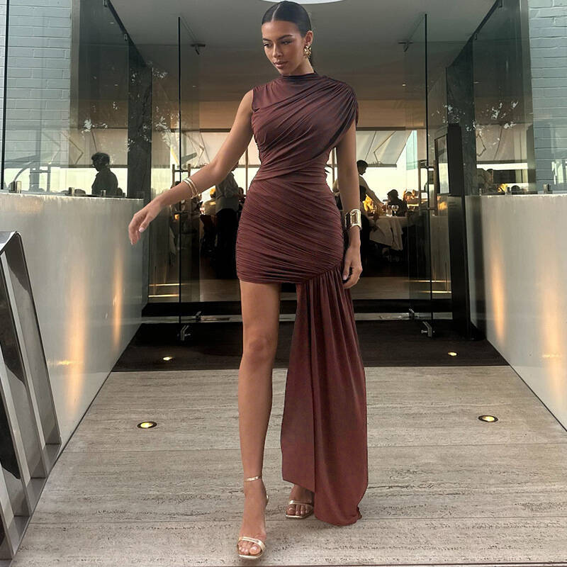 Women Pleated Lace-Up Solid High Neck Bodycon Mini Dress 6