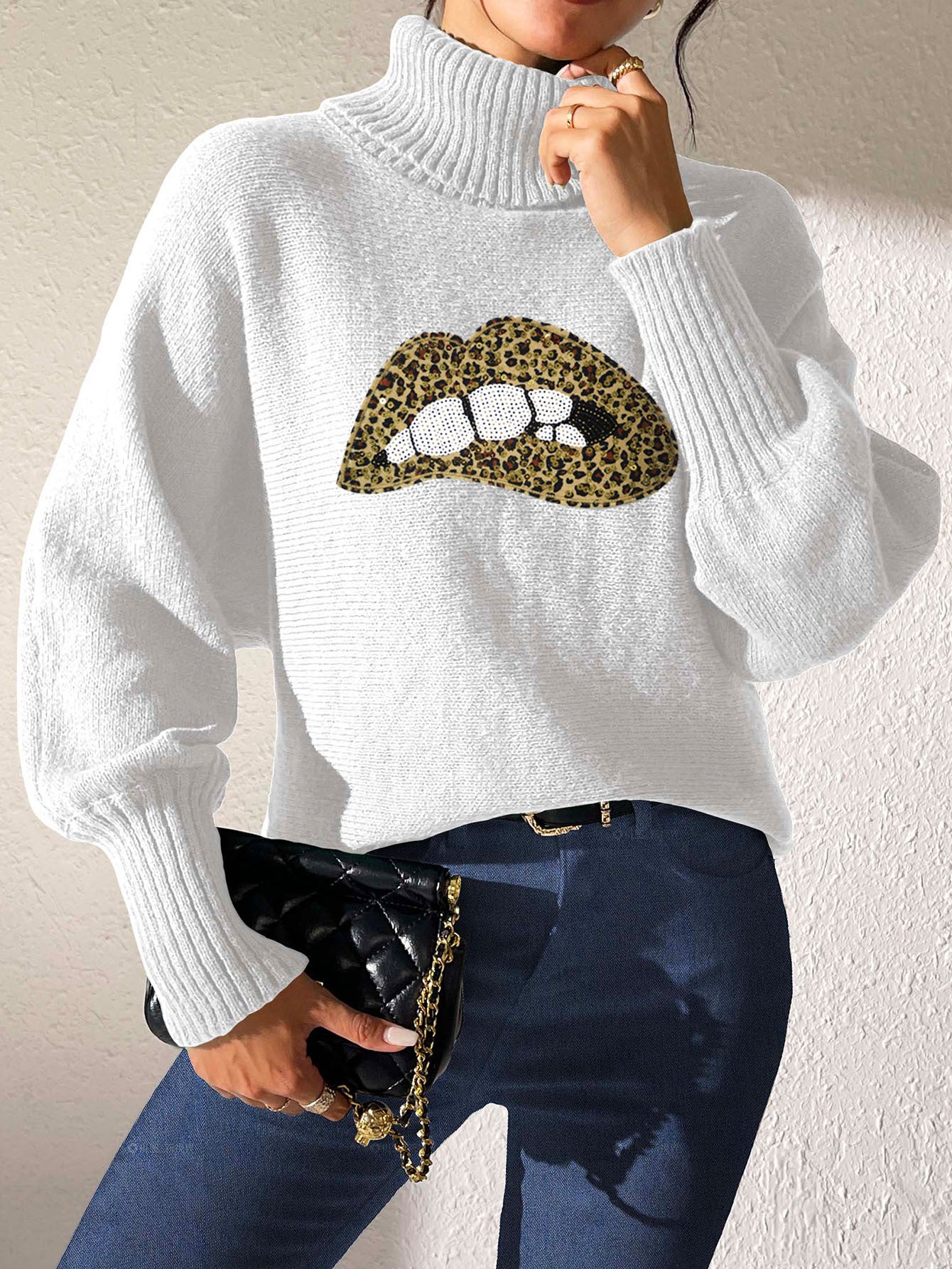 Autumn Winter Women's Sequin Lips Embroidery Turtleneck Pullover Sweater 9