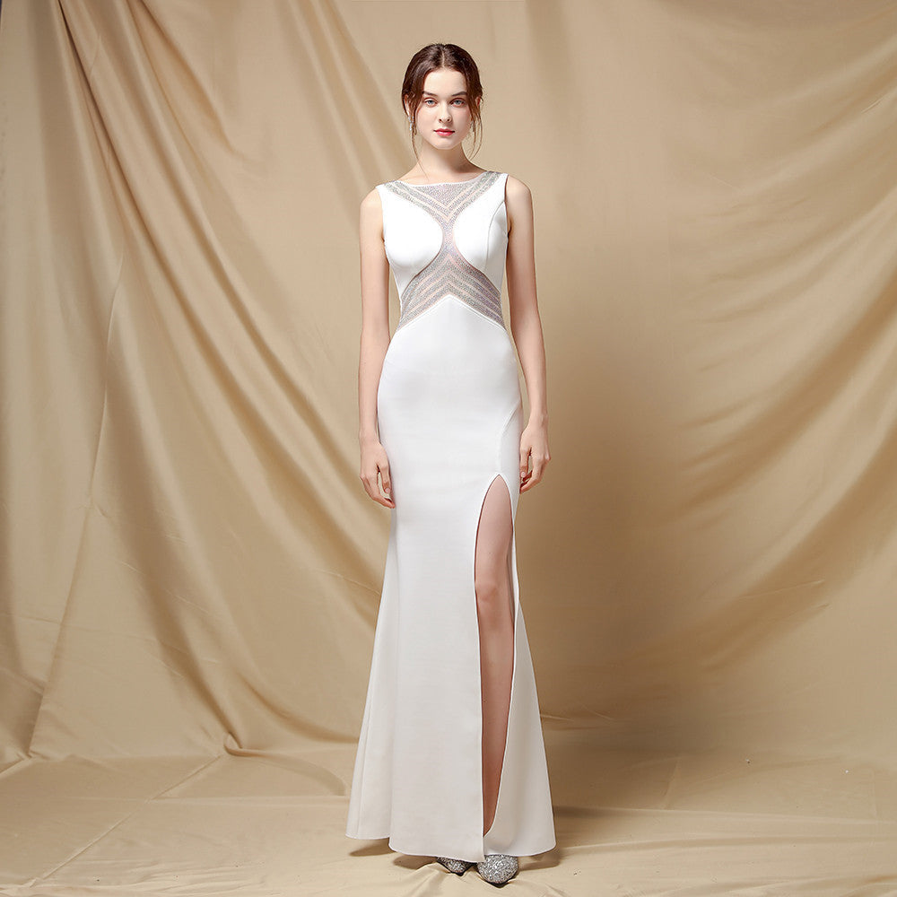 Elegant Beaded Side Split Sleeveless Mermaid Evening Dress