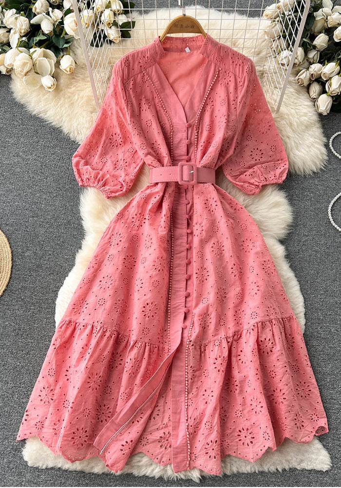 V-Neck Hollow-Out Dress Puff Sleeve Loose Embroidery Slim Waist Slim Fit  V-Neck Hollow-Out Dress