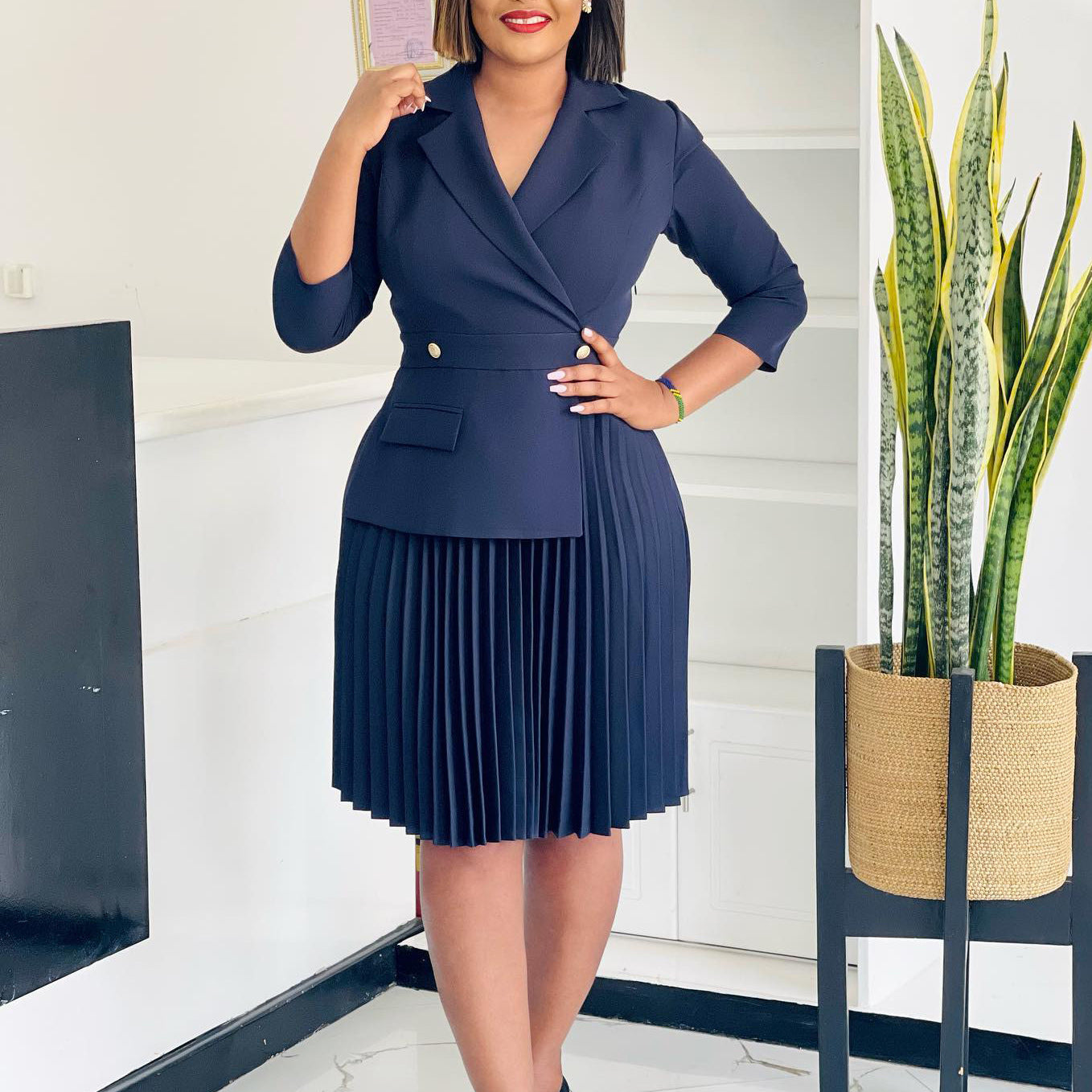 Women's Fall Fashion Chic Turndown Collar Solid Color Pleated African Dress 3