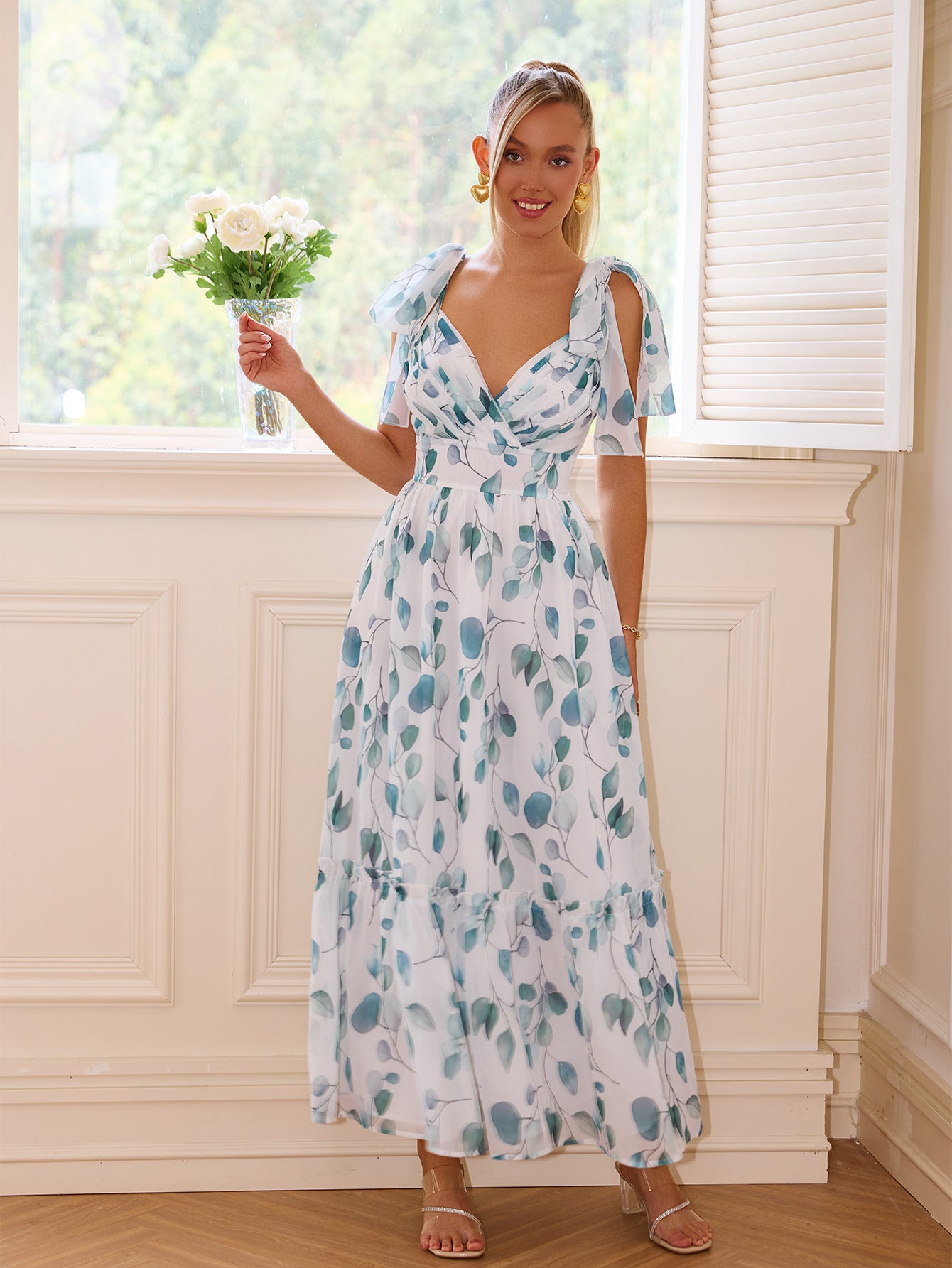 Women printed lace-up v-neck dress 6