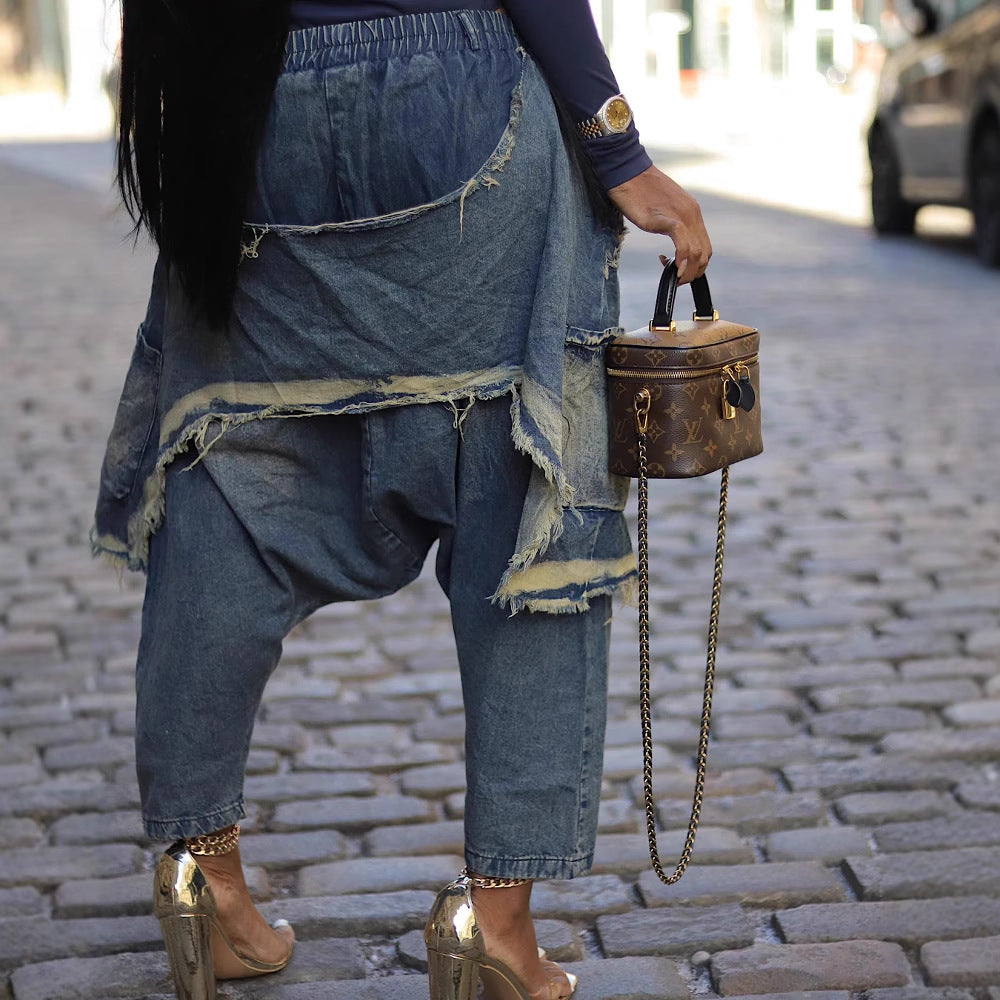 Women's Fashion Washed Ripped Loose Denim Patchwork Pants 4