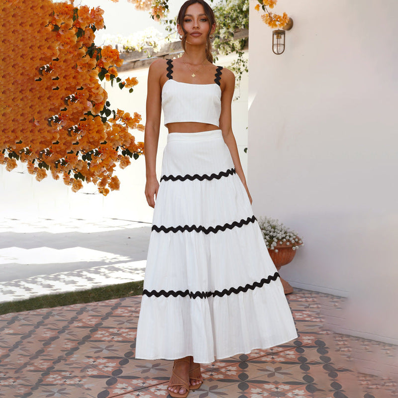 Summer Women's Two-Color Patchwork Strap Top Long Skirt Two-Piece Set 6