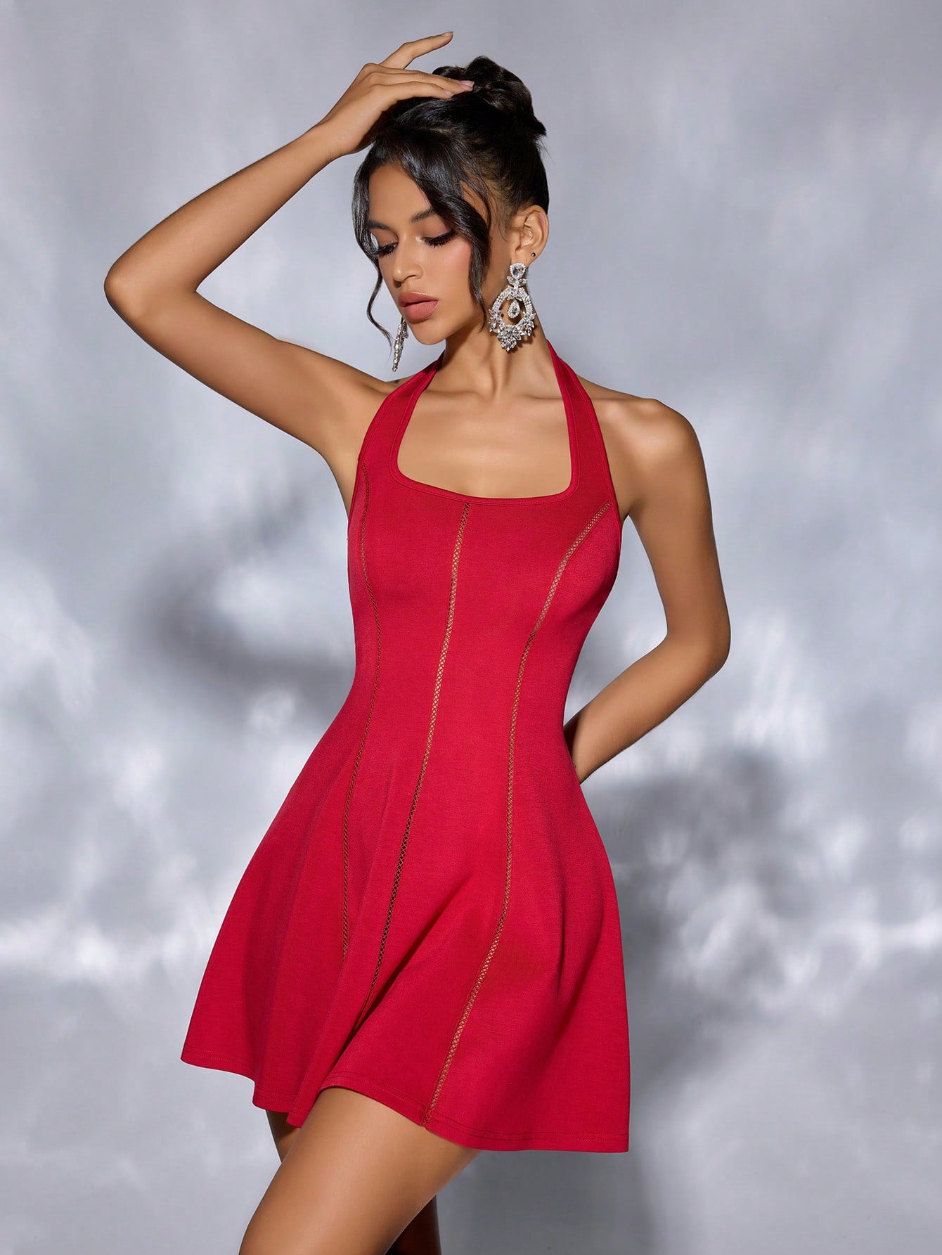 Women's Solid Color Halter Neck Lace-Up Strapless Hollow Patchwork Slim Waist Low Back Cocktail Dress 6