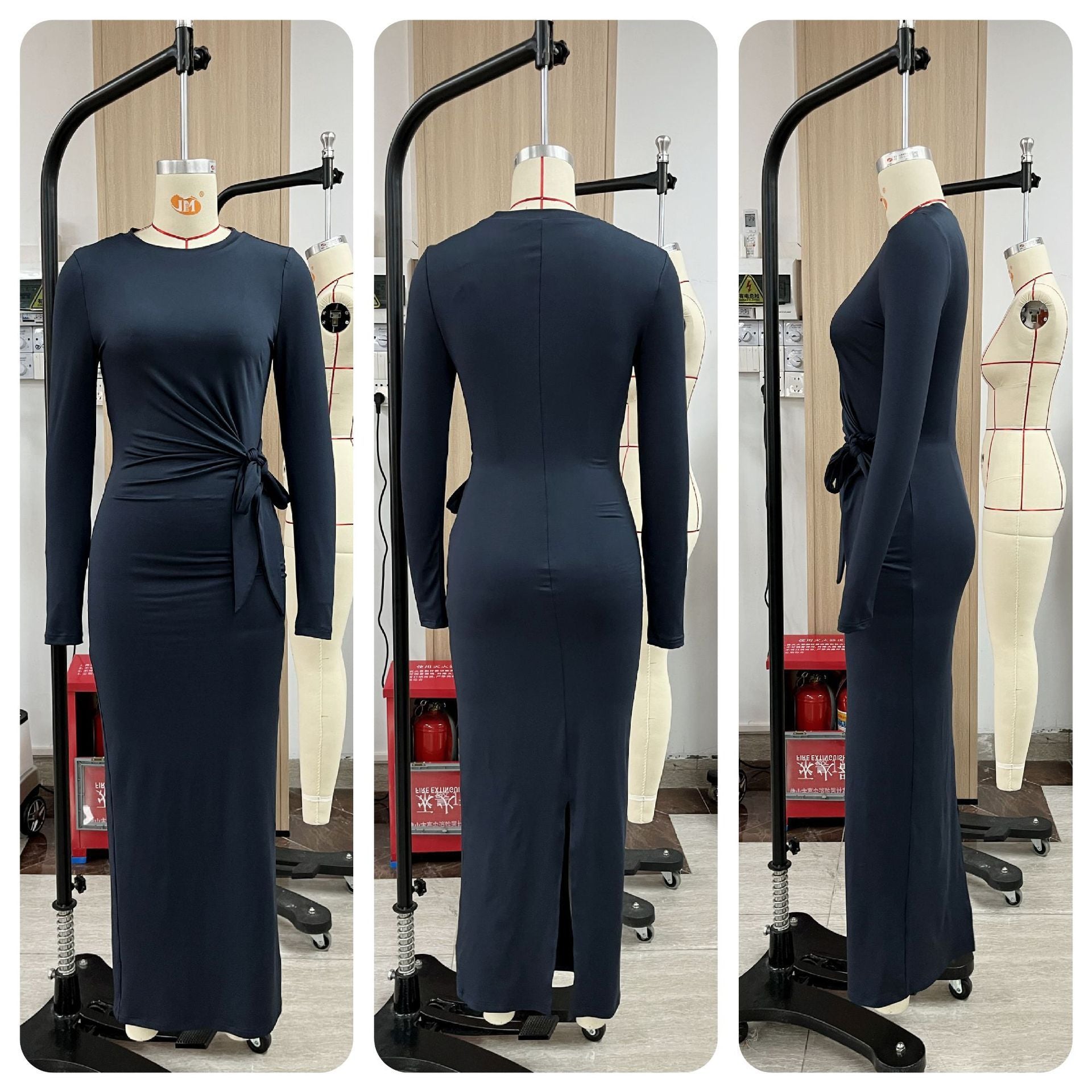 Women's Solid Color Long-Sleeve High-Slit Maxi Dress Elegant Evening Gown 5