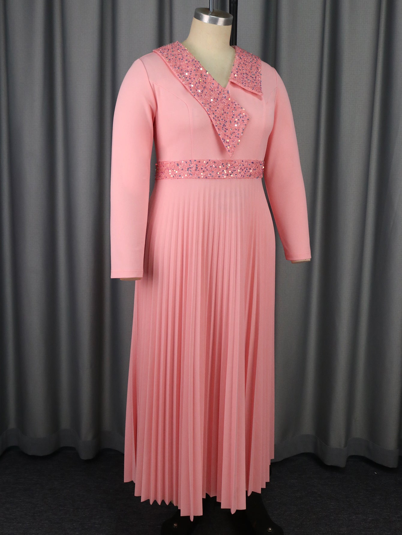 Women pink sequined v-neck pleated party dress 12