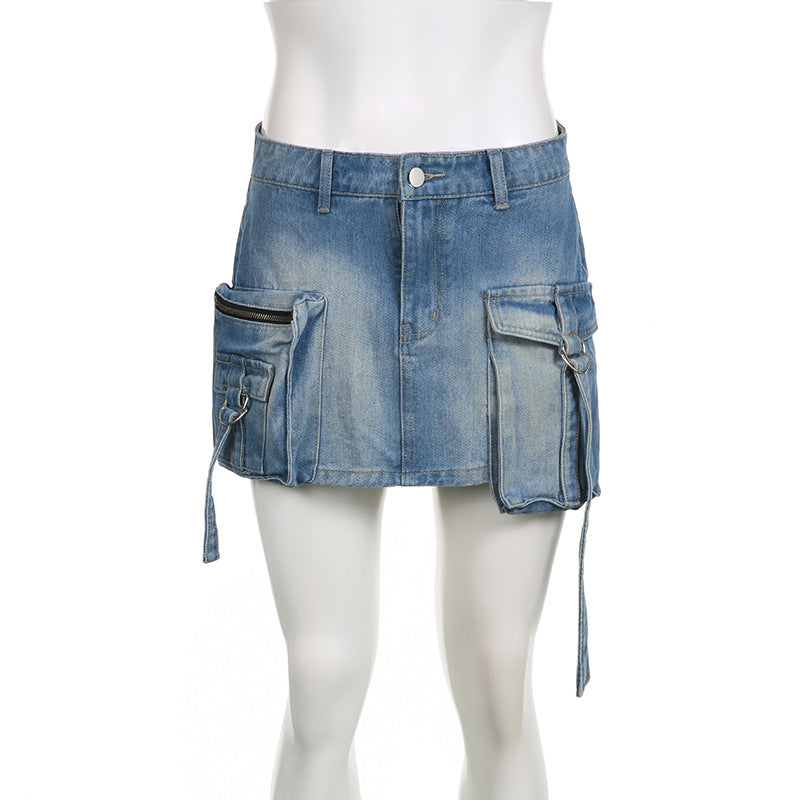 Women's Tie Dye Distressed Patchwork Irregular Pocket High Waist Zipper Slim Denim Skirt 19