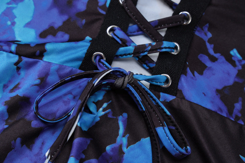 Women's Autumn Fashion Sexy Hollow Low Back Tie Slit Printed Dress 13