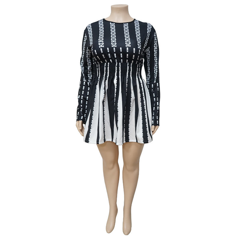 Plus Size Women Long Sleeve Round Neck Striped Dress 9