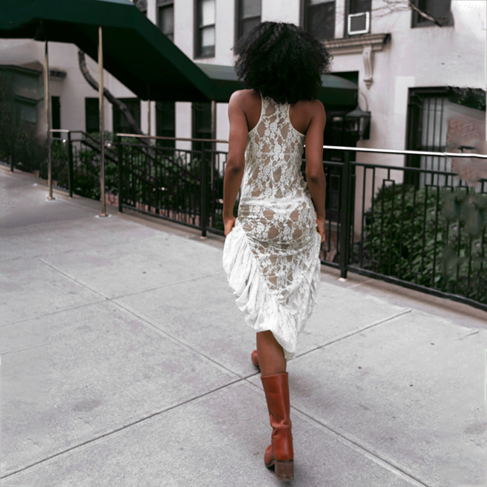 Women Summer Lace Irregular See-Through Sexy Slit Dress 8