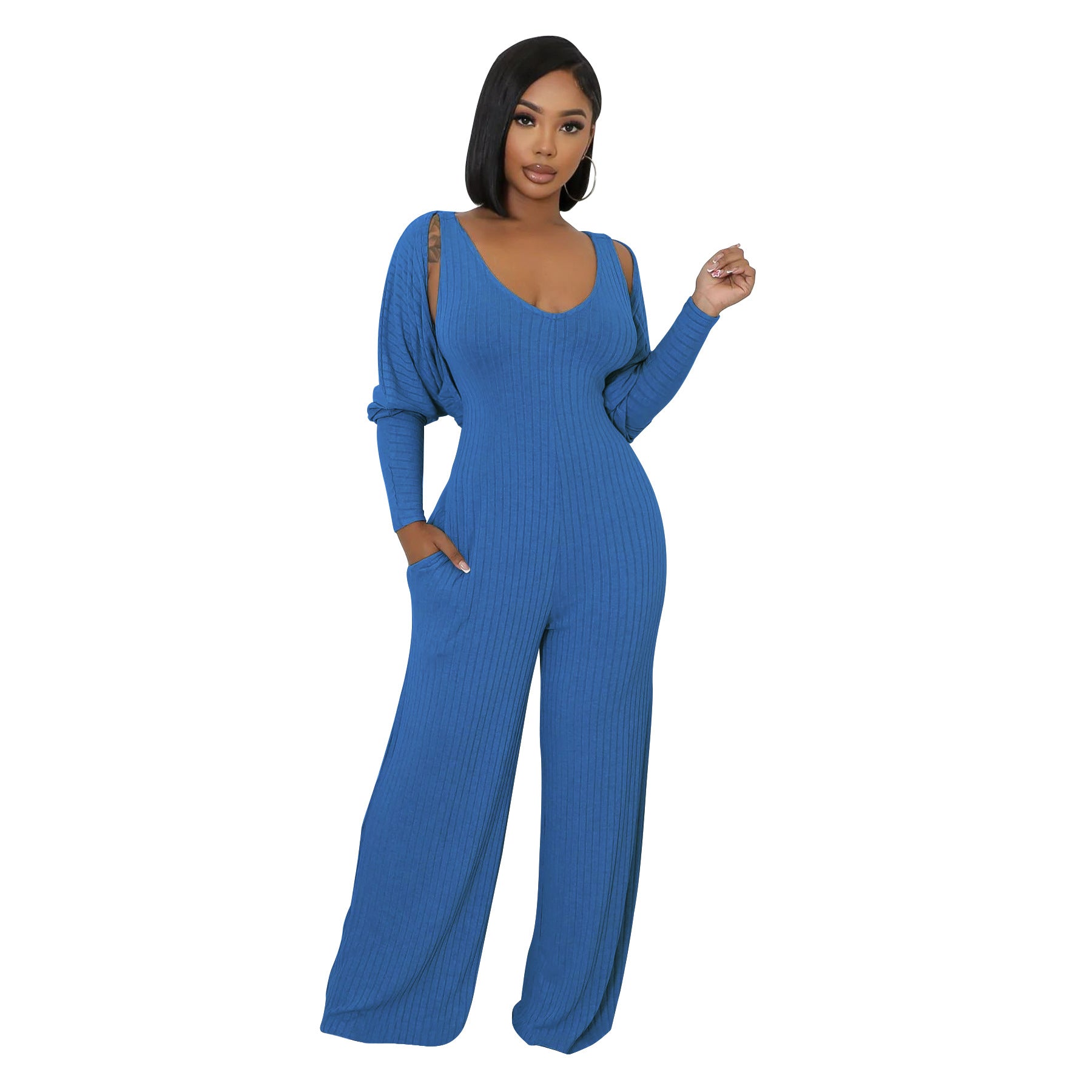Women’s Fashion Ribbed High-Stretch Cape Top Sleeveless Jumpsuit Set 4
