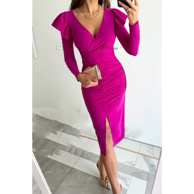 V-Neck Chic Slim Waist Slit Solid Color Long-Sleeve Midi Dress 9
