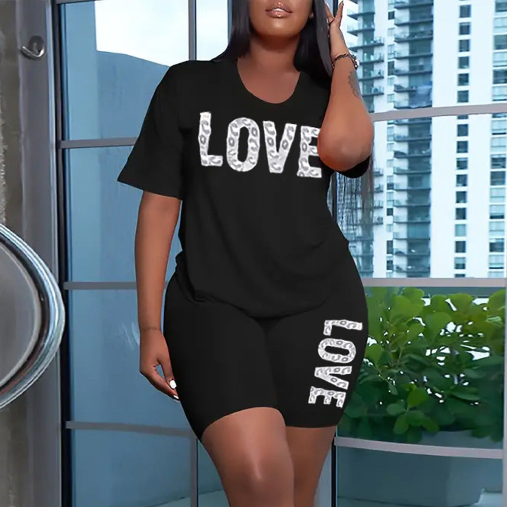 Summer Women's Round Neck Letter Short Sleeve Shorts Solid Color Shorts Set 7
