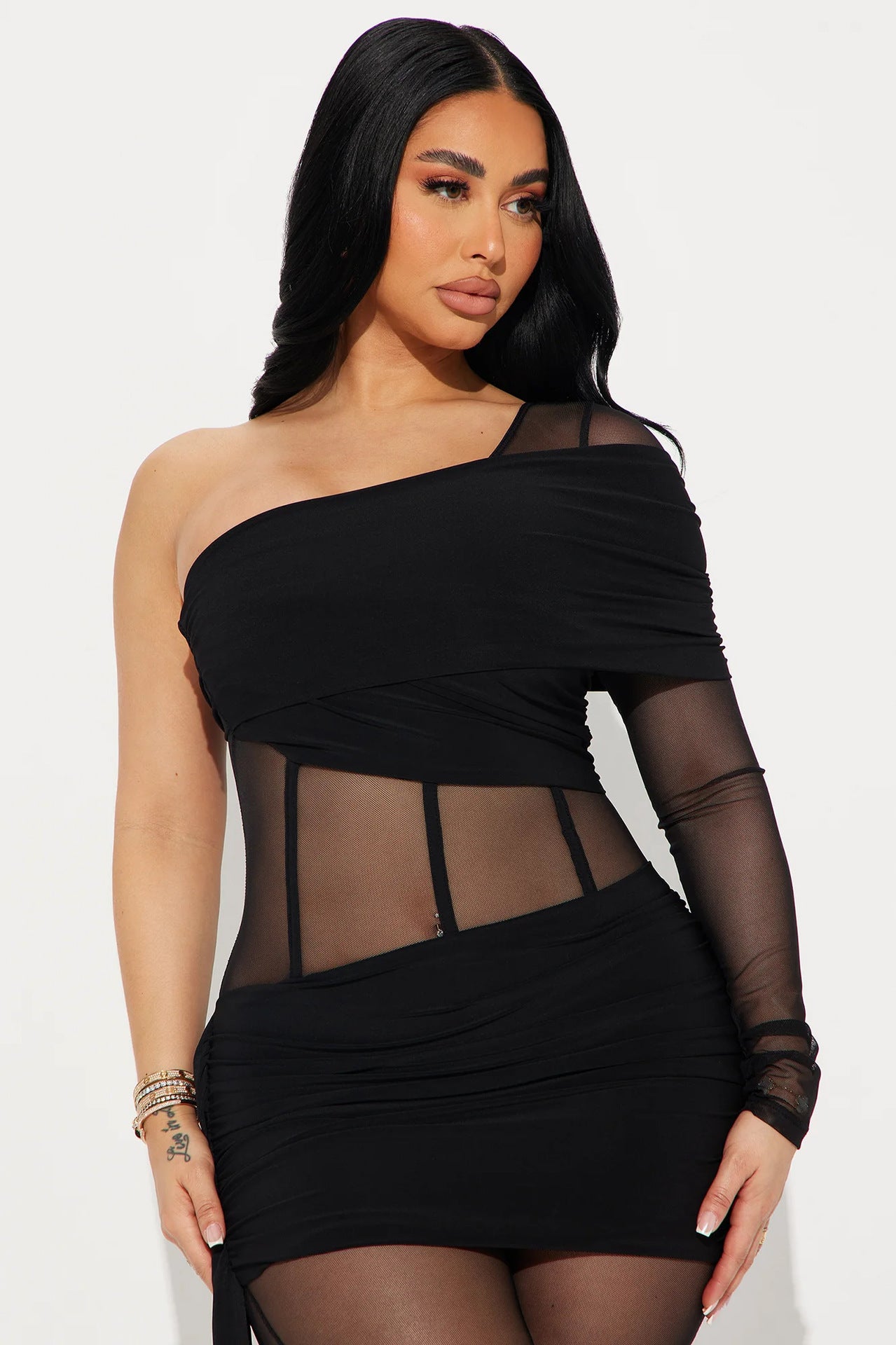 Fashion Slim Fit Sexy Solid Color Slim Waist One-Shoulder Long Sleeve Patchwork Jumpsuit 9