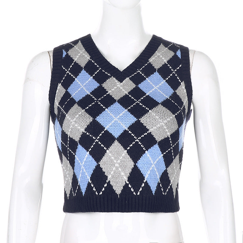 Women Solid Plaid Sleeveless V-Neck Sweater 37