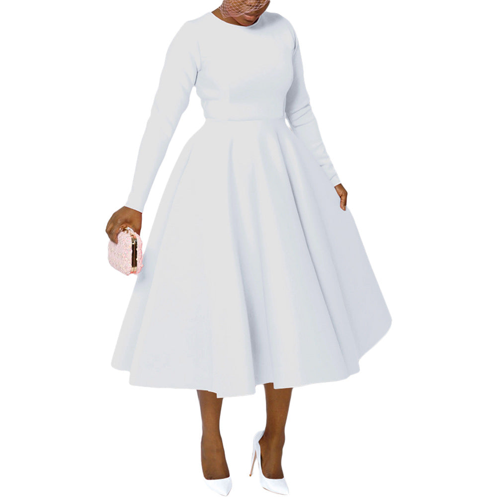 Women's Solid Round Neck Long Sleeve A-Line Dress