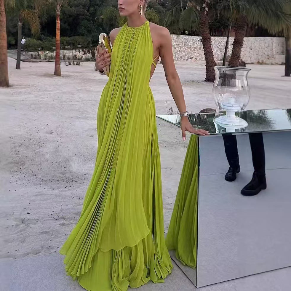 Summer Women's Solid Color Round Neck Sleeveless Sexy Low-Back Beach Long Dress