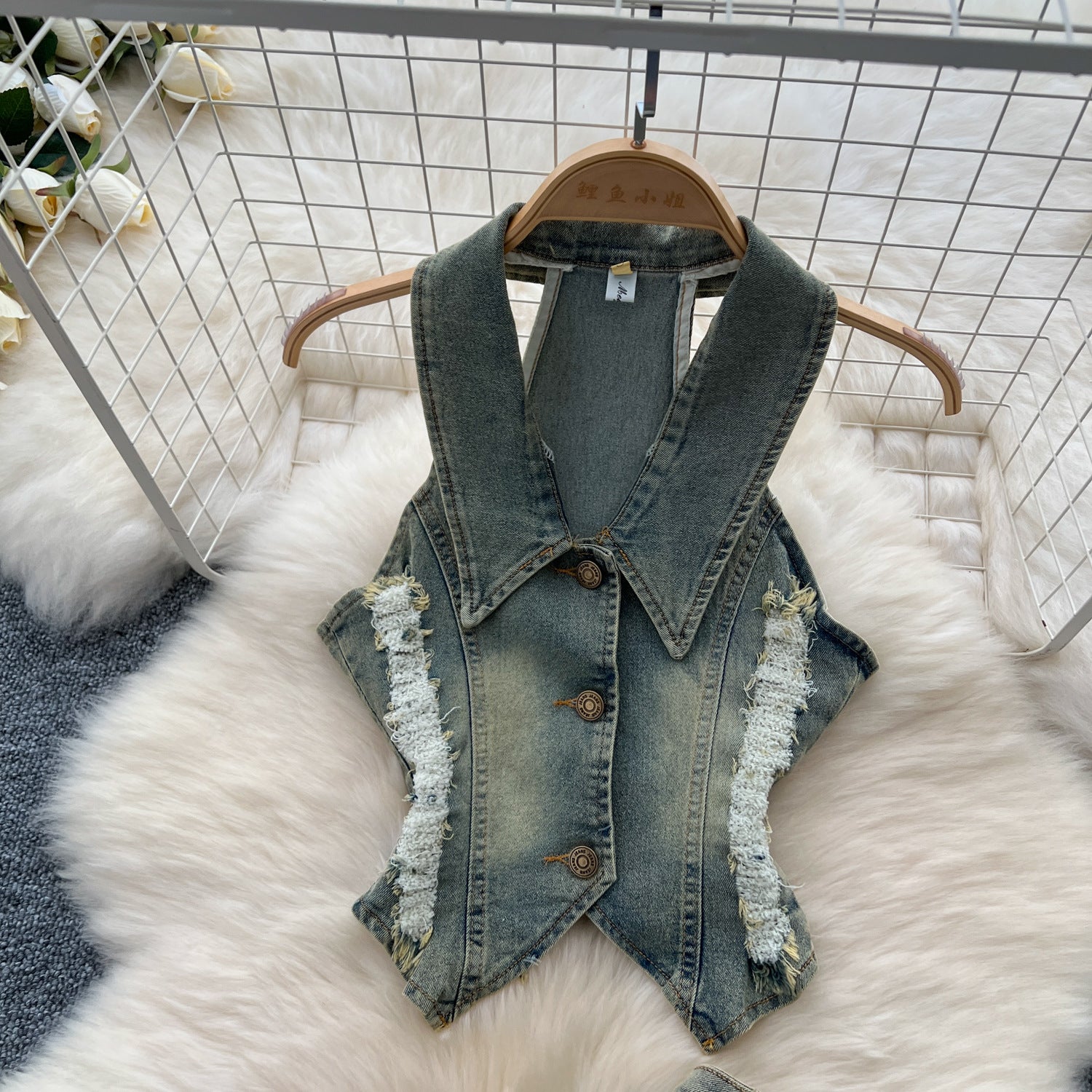 Turn Down Collar Distressed Denim Halter Top Slit Skirt Set 3