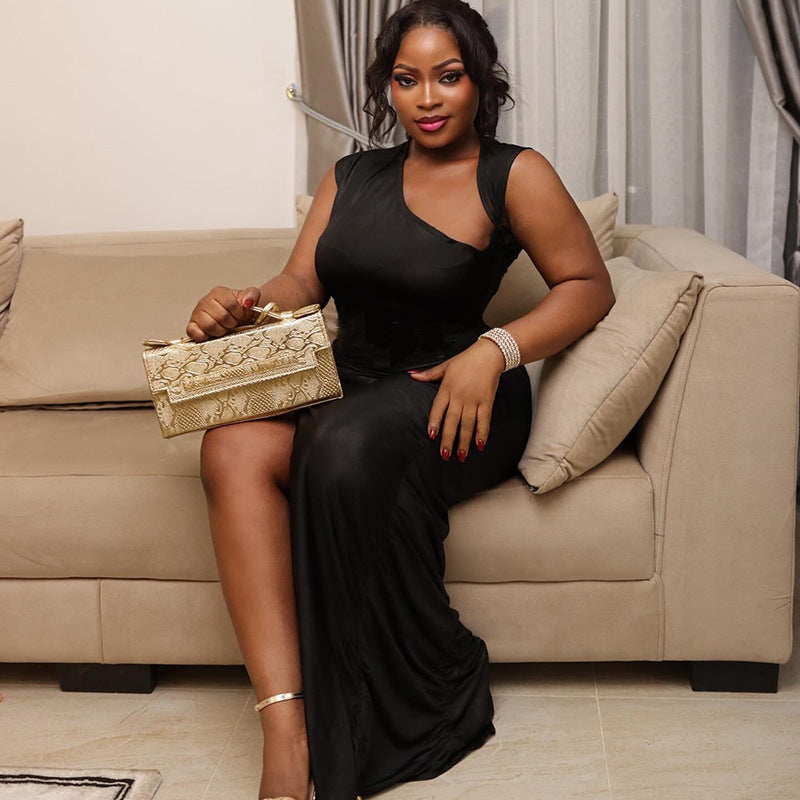 Women's Elegant Chic Solid Pleated Slit Slash Shoulder Long Dress 5