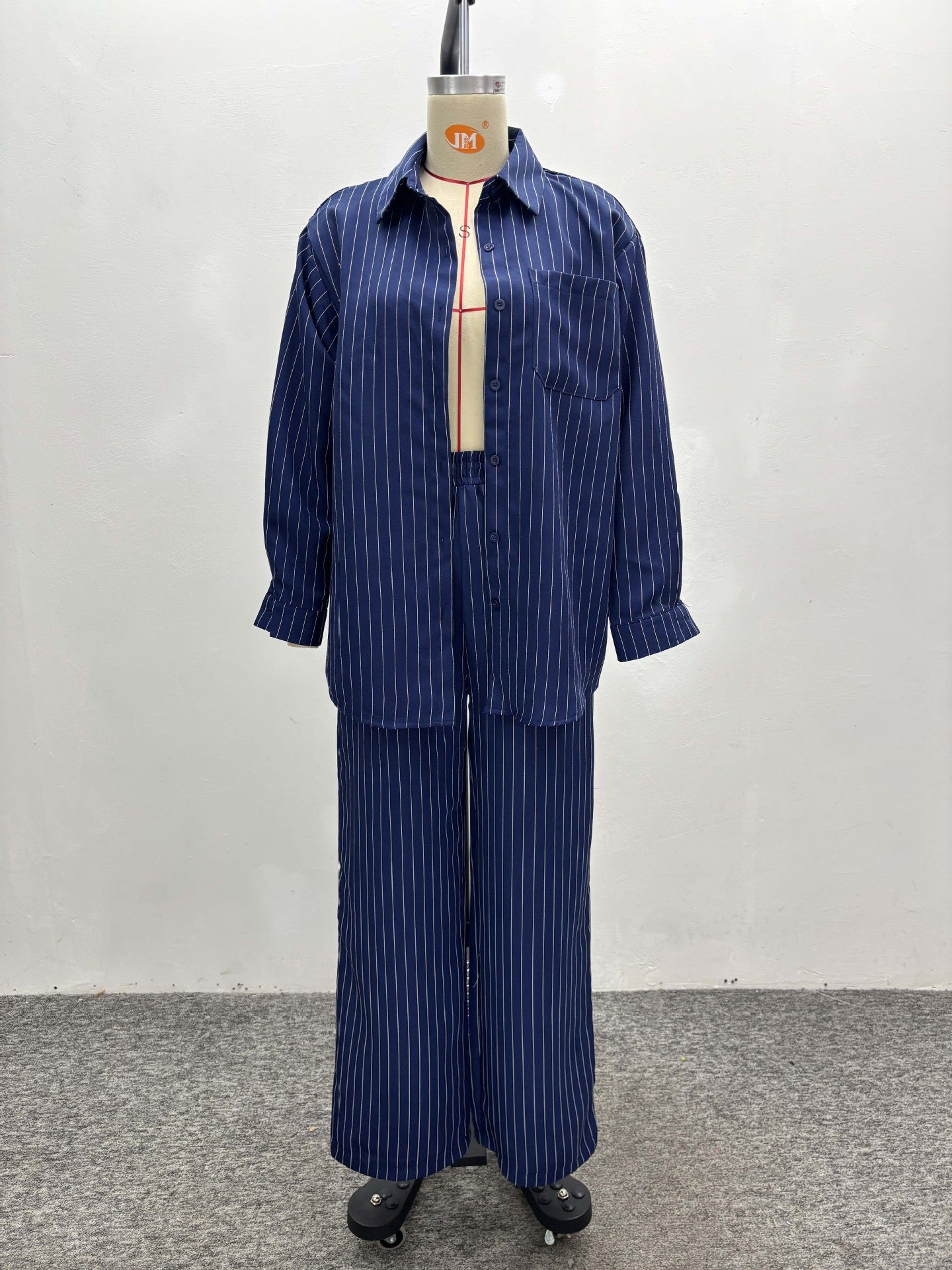 Women French Stripe Casual Long Sleeve Shirt Pants Two-piece Set 3