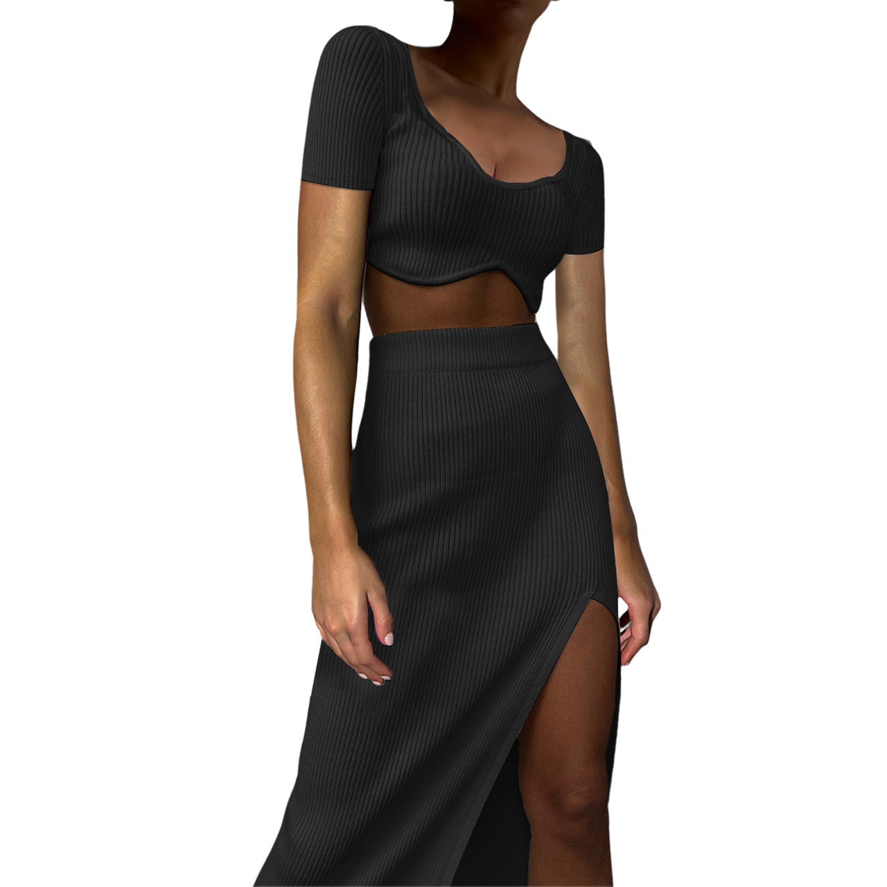 Women's Summer Short-Sleeved Ribbed Crop Top Slit Skirt Sexy Two-Piece Set 5