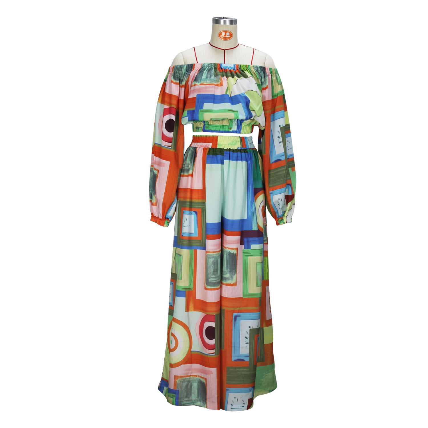 Women's Spring Summer Chic Elegant Contrast Print Off Shoulder Wide Leg Casual Two-Piece Pants Set 3