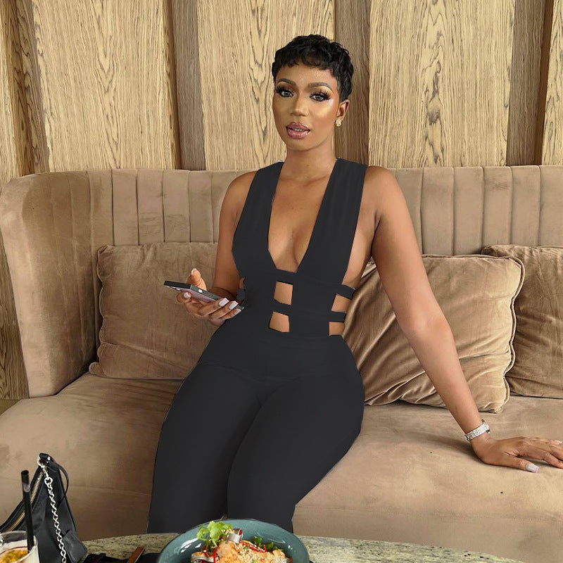 Women Summer Sexy Solid Color Cut Out Jumpsuit