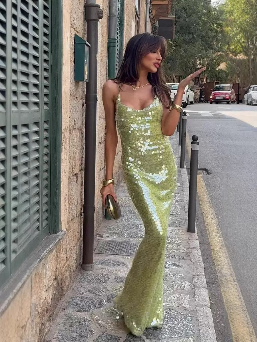 Fashion straps slim sequins Low Back long sexy cross 5