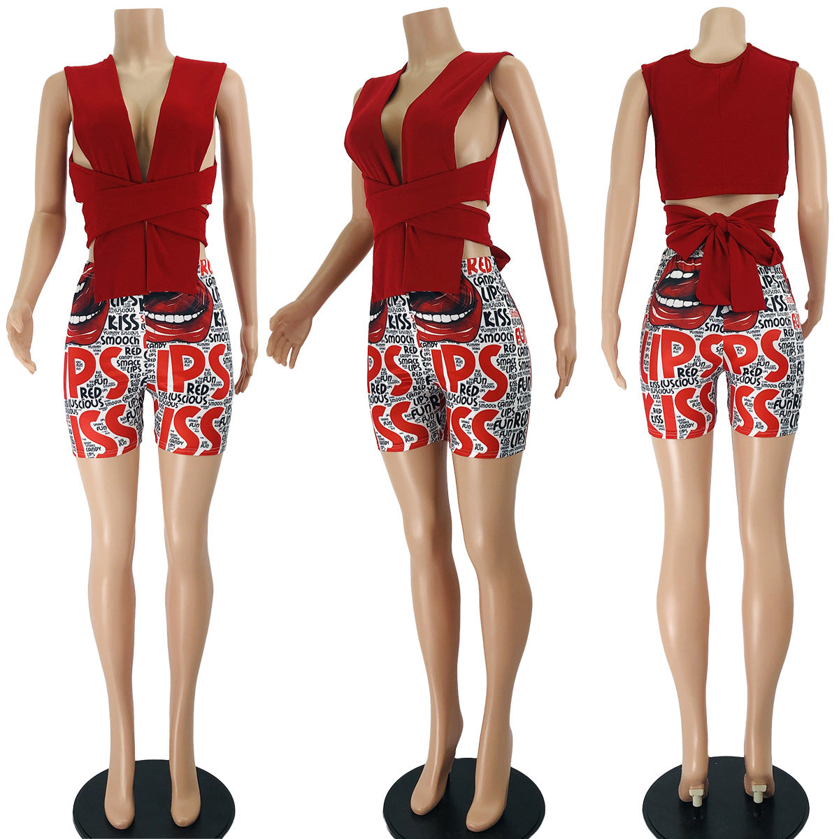 Spring/Summer Women's Halter Neck Wrapped Vest Lip-Letter Print Shorts Sexy Two-Piece Set 7