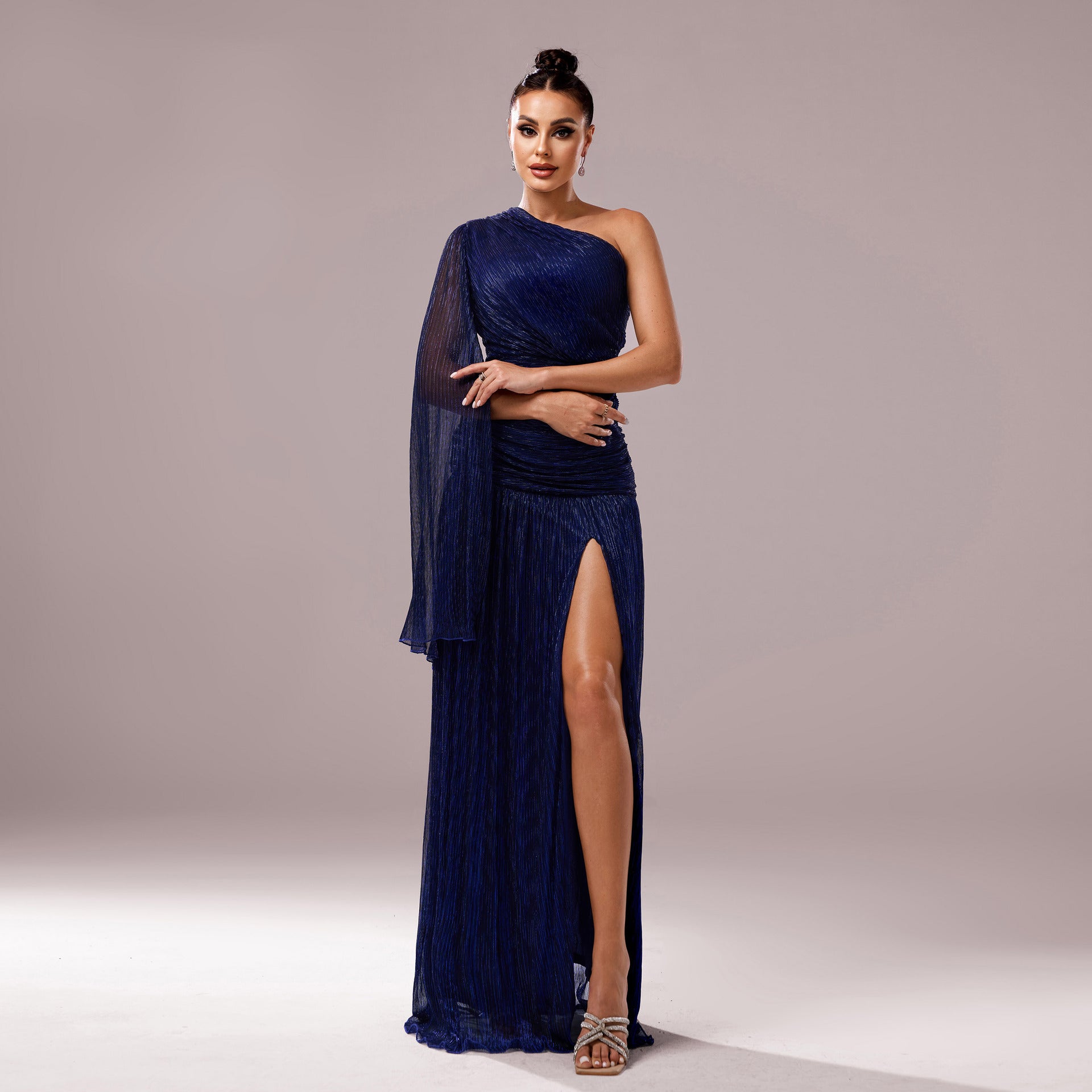 Women One-Shoulder Slash Shoulder Long Sleeve Slit Formal Party Evening Dress 9