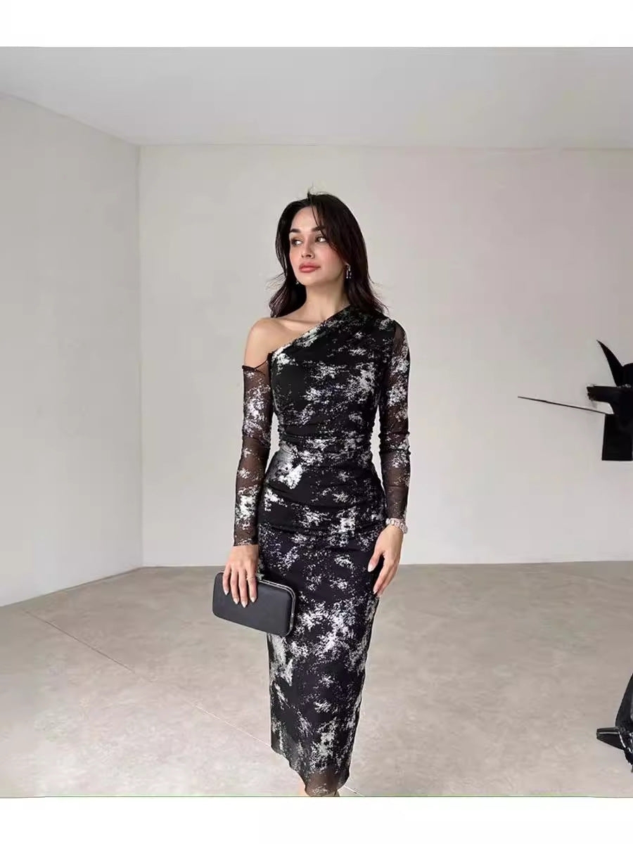 Fall Women Printed Slash Shoulder Bodycon Long Sleeve Dress 3
