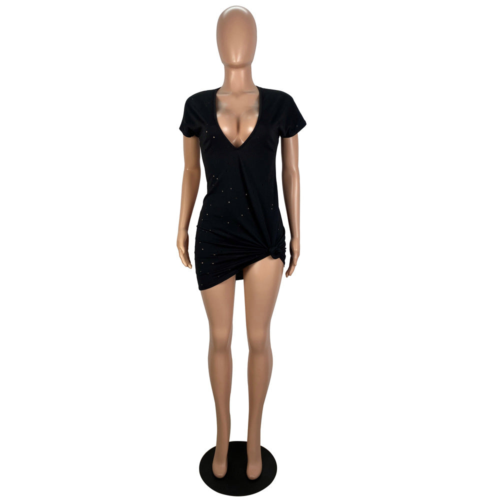 Trendy Women'S Clothing Sexy V-Neck Low Cut Irregular Ripped T-Shirt Dress 11