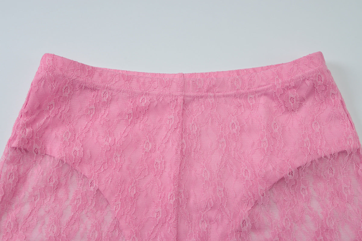 Women summer sexy See-Through Lace Patchwork V-neck Top and shorts two-piece set 16