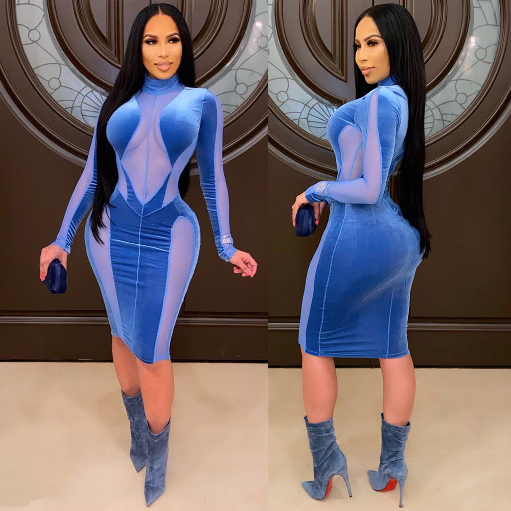 Women Autumn/Winter Sexy Velvet Stretchy Patchwork Long-Sleeved Dress 3