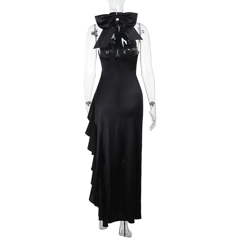 Women's Lace-up High Neck Slit Ruffle Formal Party Dress 9