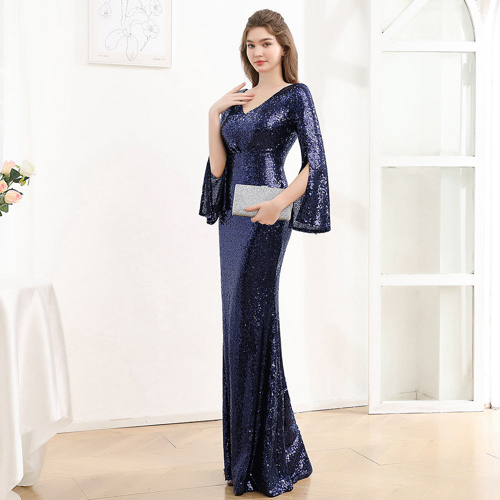 Women's Long Sleeve Formal Party Chic French Luxurious Sequined Mermaid Long Evening Dress 10