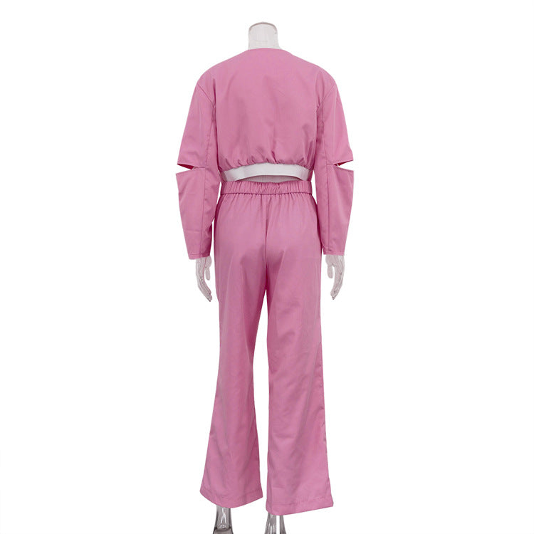 Fashion Women's Long Sleeve Hollow Ripped Top Wide Leg Pants Two Piece Set 9