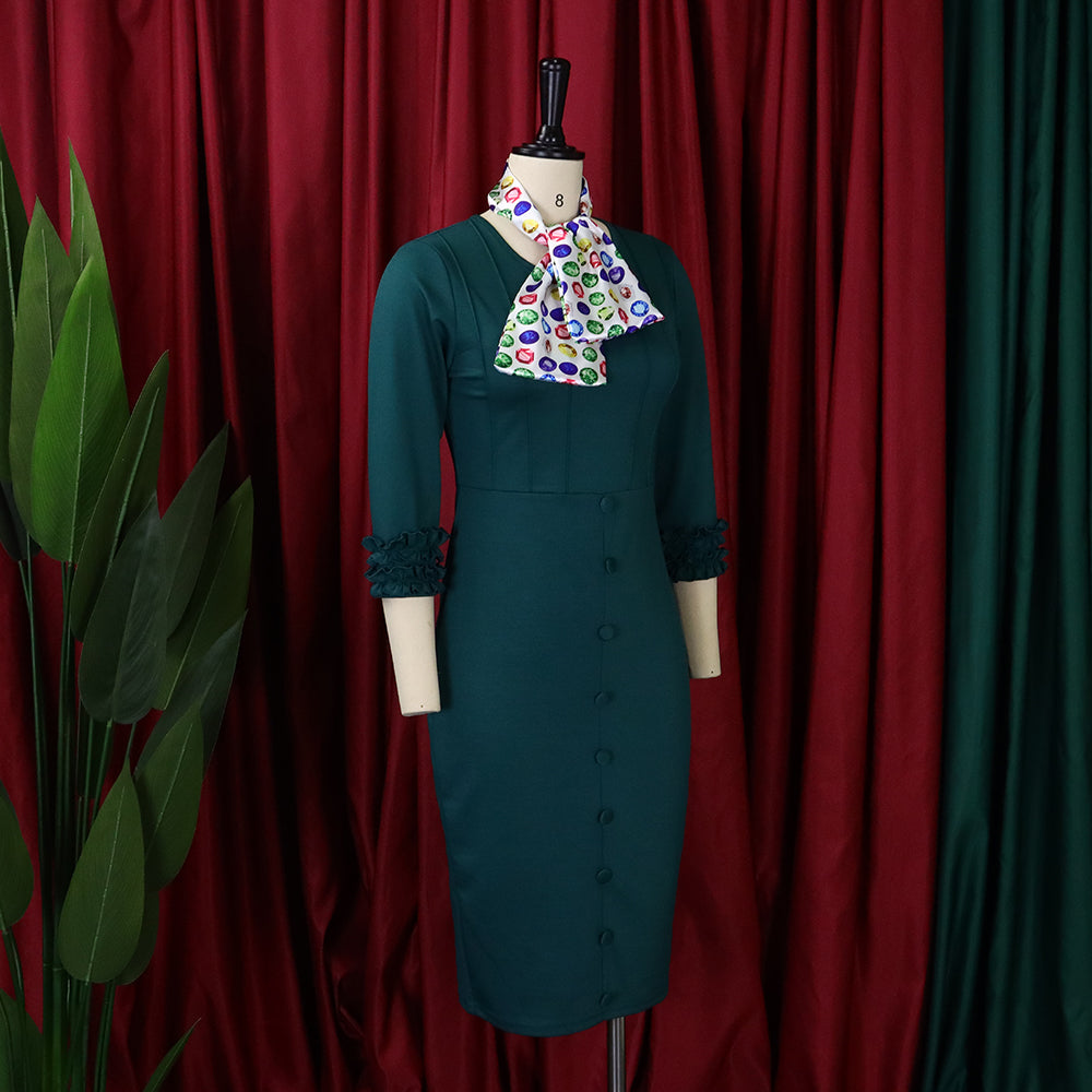 Women Fall Long Sleeve Solid Color Slit Scarf Bodycon Dress 13