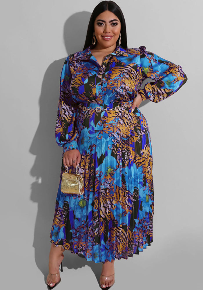 Plus Size Women Printed Long Sleeve Top + Ruched Skirt Two-Piece Set