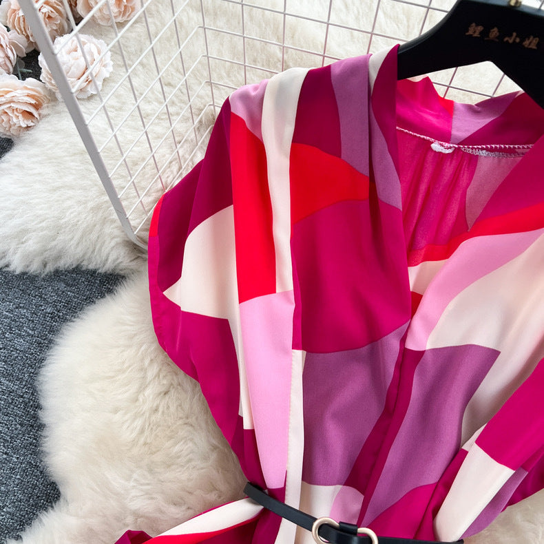 Women Vintage V-Neck Print Summer French Lace-Up Maxi Shirt Dress 18