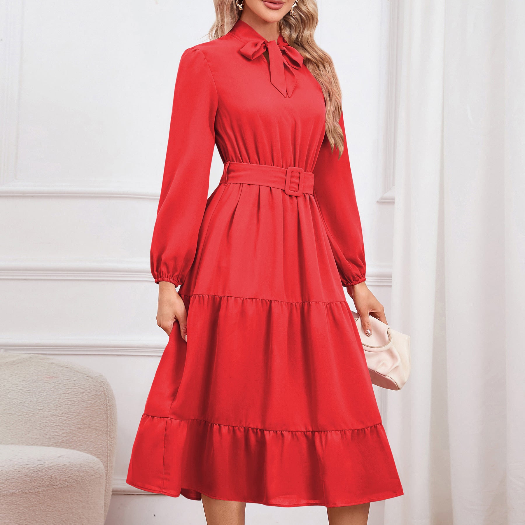 Elegant Slim Chic Tie Collar A-Line Casual Dress 13