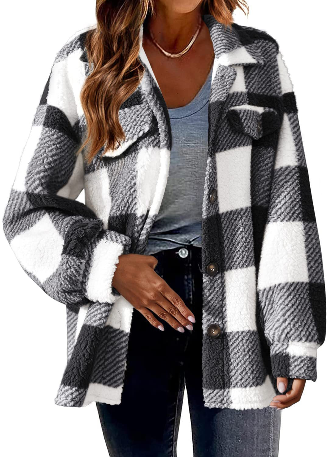 Women Autumn and Winter Pocket Plaid Sherpa Jacket Button Plush Jacket 7