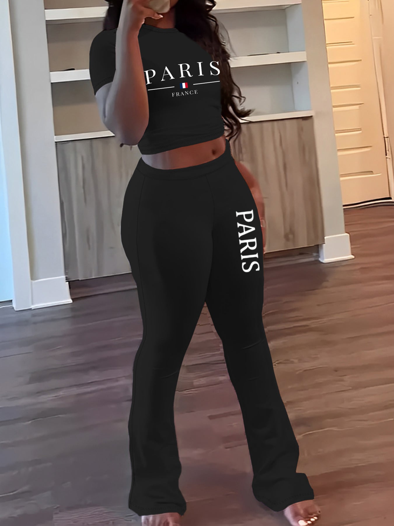 Spring Printed Short Sleeve Round Neck Top and Long Pants Two-Piece Set for Women 9