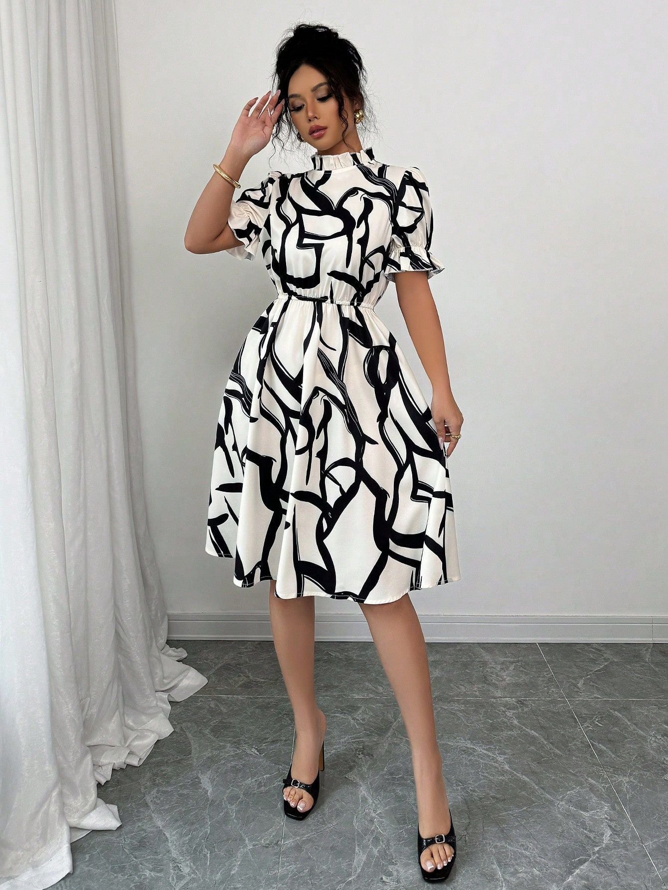 Women's Spring Summer Fashion Elegant Tie Waist Ruffled Collar Puff Sleeve A-Line Print Dress 6