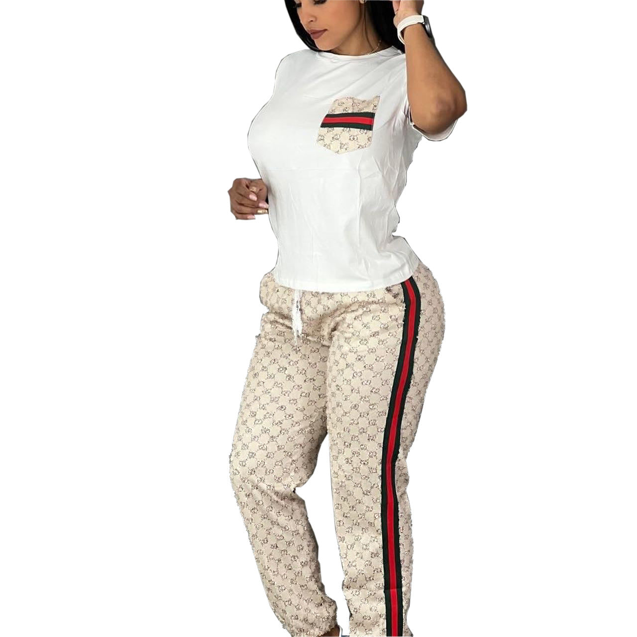 Women Contrast Color Printed Short Sleeve Top and Pants Two-piece Set 5