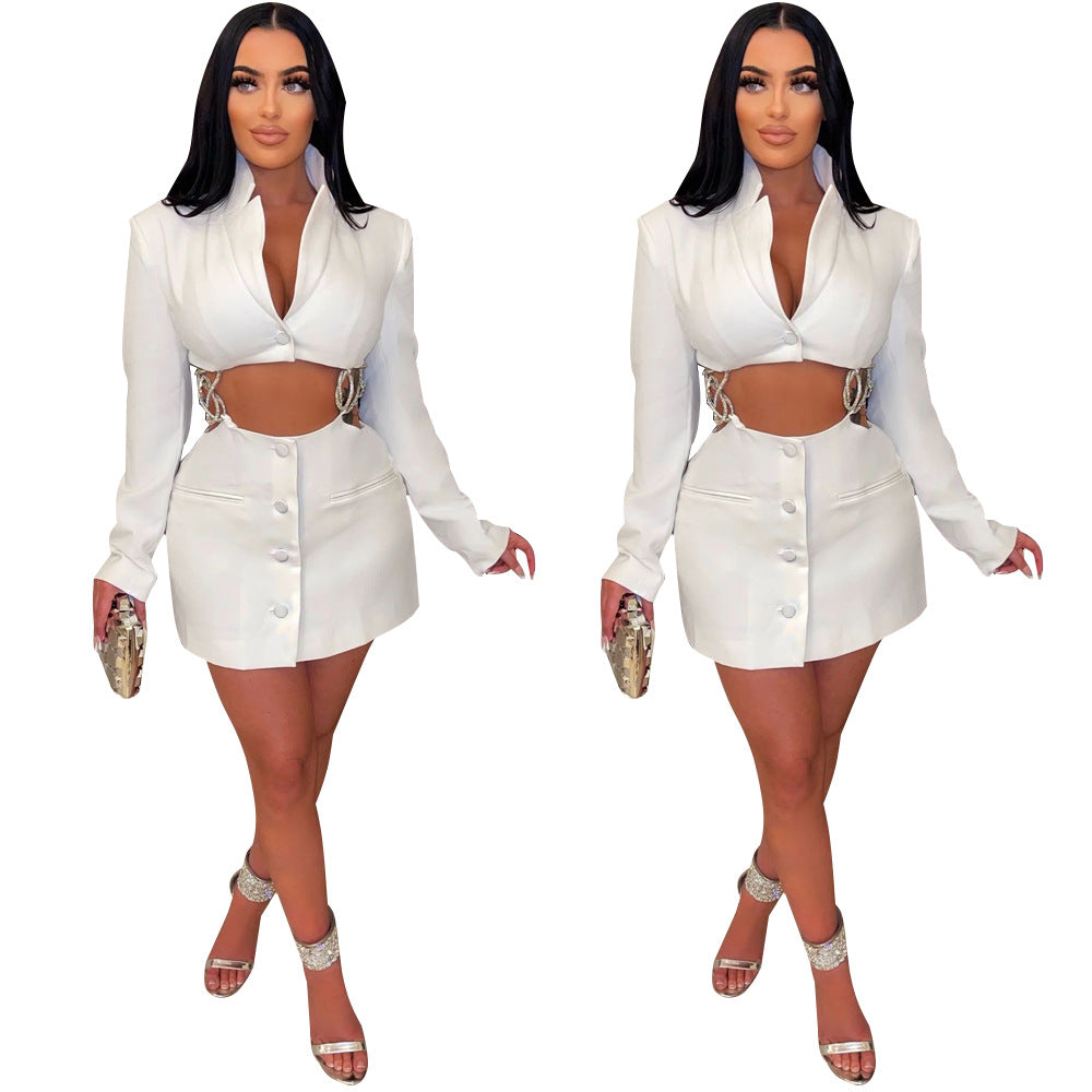 Women Deep V Neck Solid Beaded Chain Dress 5