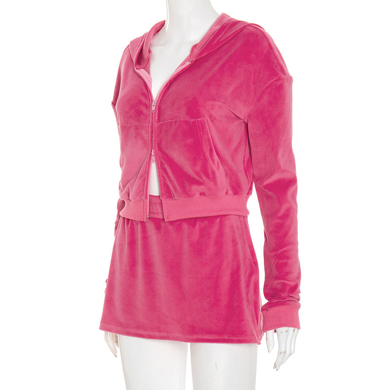 Women Sexy Hooded Long-Sleeved Crop Top and Skirt Two-Piece Casual Set 9